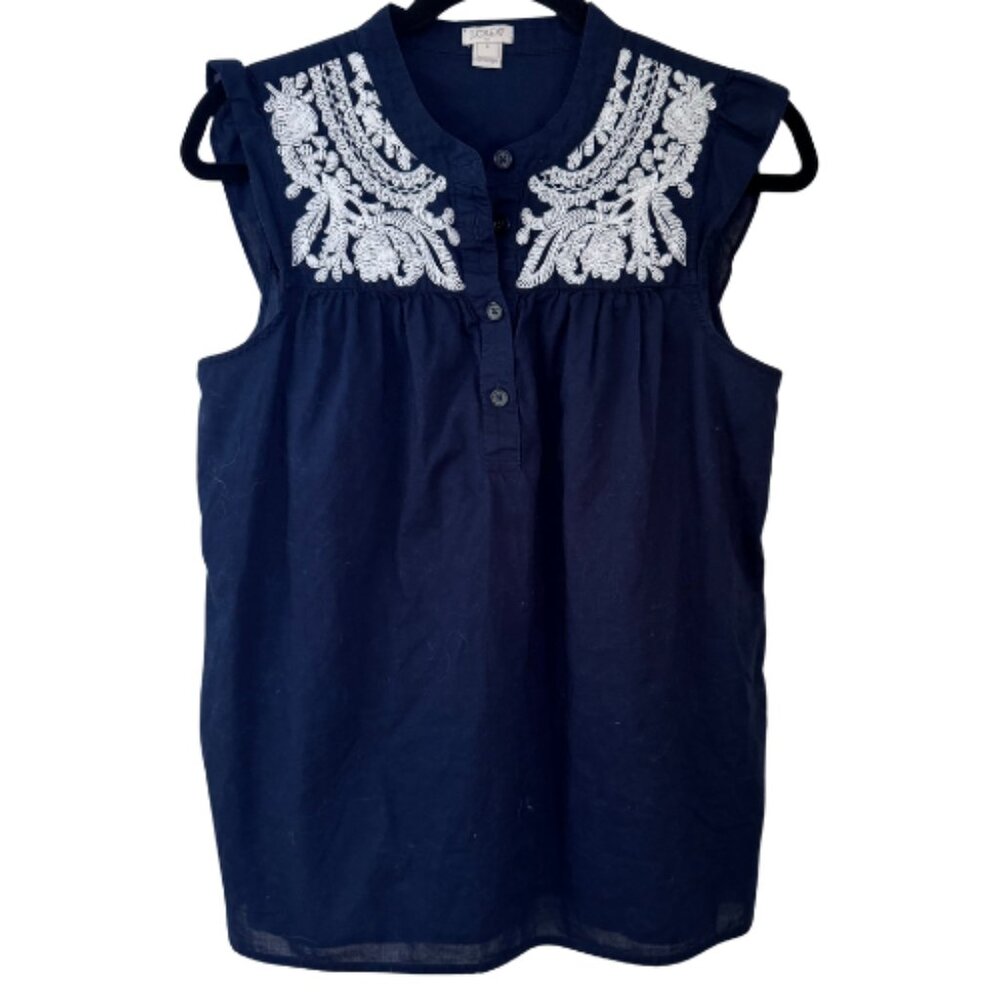 J. Crew Factory Blue & White Embroidered Sleeveless Top Flutter Sleeves Size 4 - Picture 3 of 8